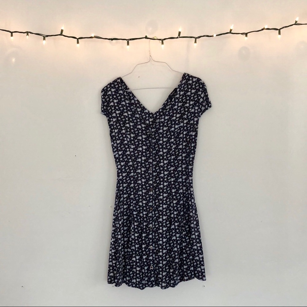Navy Floral Print Button Down Dress